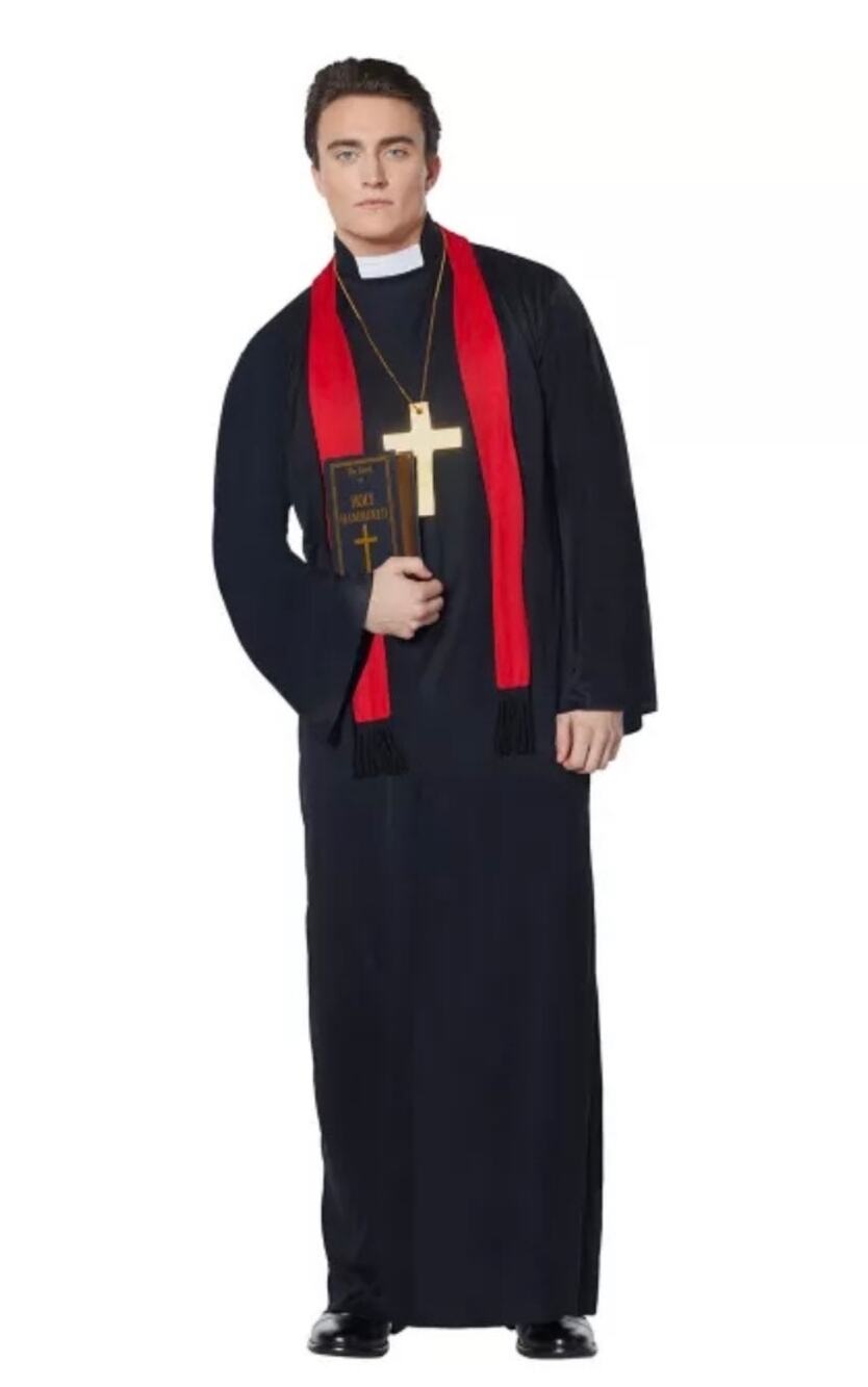 ADULT PRIEST COSTUME & THE BOOK OF HOLY HAMMERED FLASK BOOK- ONE SIZE FITS MOST